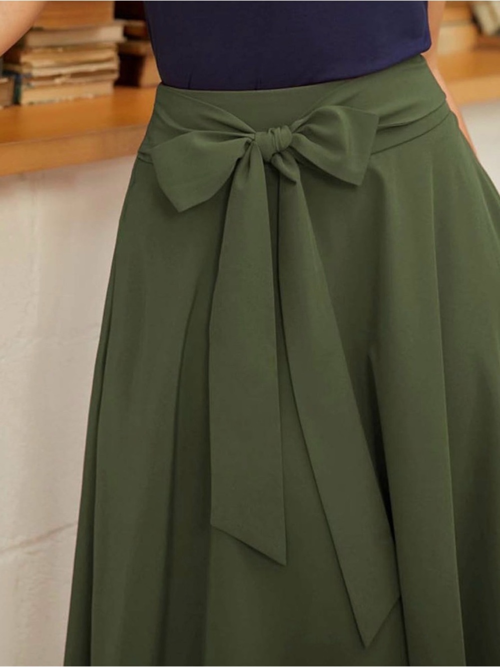 Belle Poque Circle Skirt with Bow & Zipper in Dark Olive - W Large